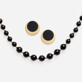 14k + Onyx Graduated Necklace w/ 14k + Onyx Button Earrings