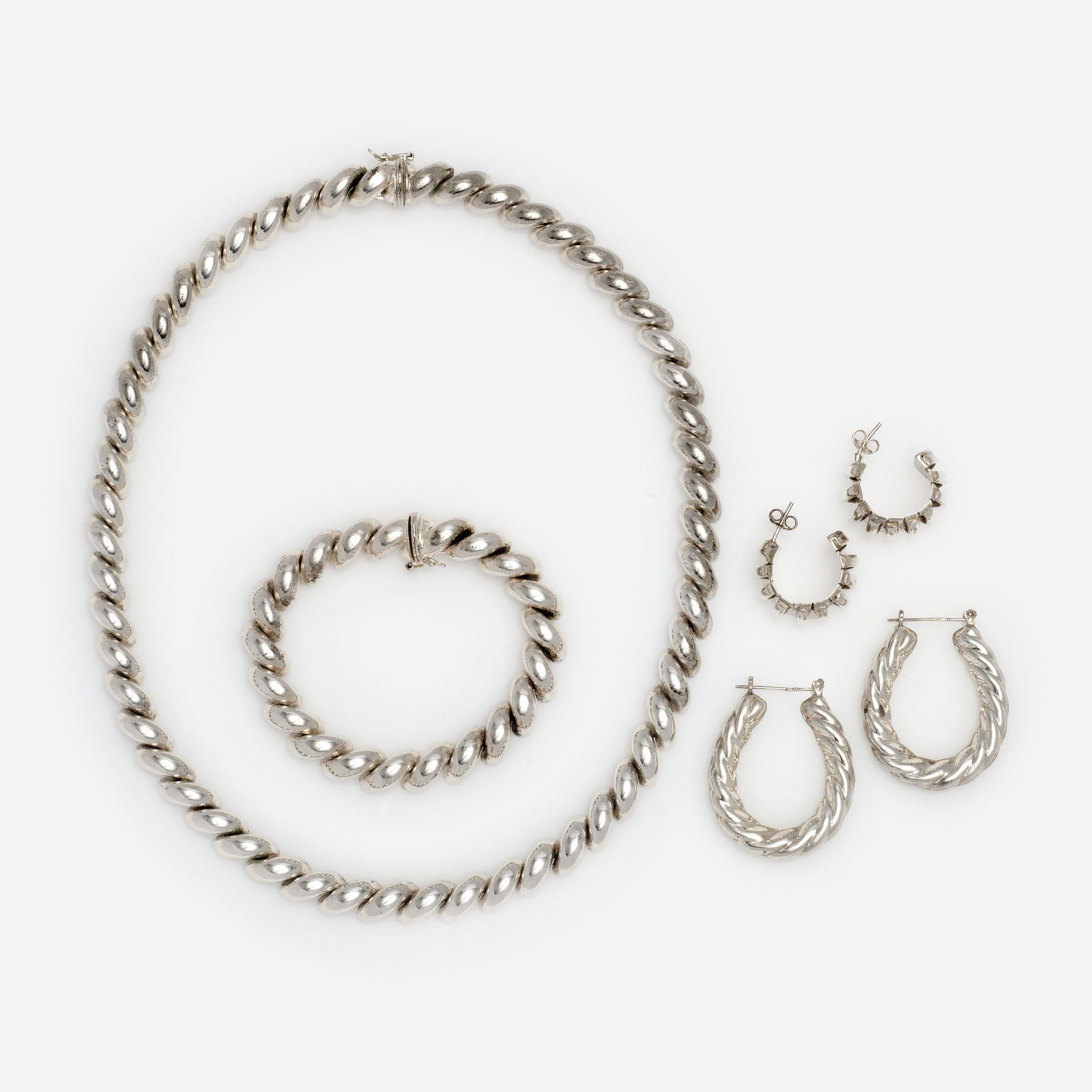 Italian Sterling San Marko Necklace + Bracelet + Earrings: Sterling silver San Marko link 18 inches necklace and matching bracelet with two pairs of sterling earrings. Necklace Details: Clasp Type: Tongue & groove with figure eight safety Metal: