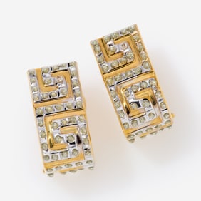 Designer 14k Two Tone Greek Key Enamel Accent Earrings