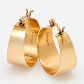 Designer 14k Wide Flat Tapered Hoop Earrings, 'CM/J'