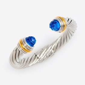 David Yurman 2-Tone Blue Topaz Hinged Cable Bracelet, 10mm