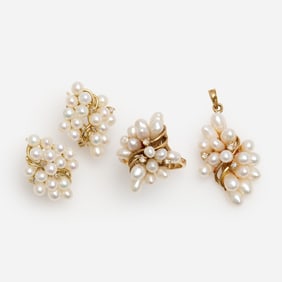 14k Pearl + Diamond Cluster Suite: Earring, Pend, Ring