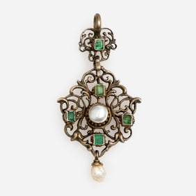 Georgian Antique Emerald Pearl Pendant w/ Open Filigree Design