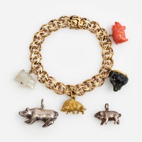 14k Pig / Boar Charm Bracelet, Coral, Moonstone, Diamond Eyes