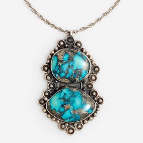Large Sterling Turquoise Pendant + Chain, Signed JR