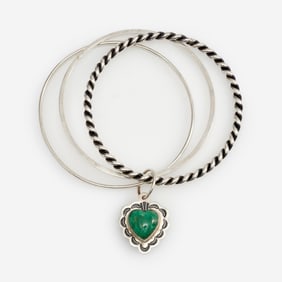 Don Lucas Sterling Double Sided Heart Charm Bangles, Turquoise, Malachite