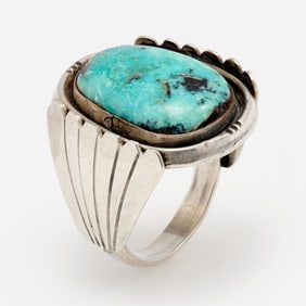Native American Sterling & Turquoise Man's Ring, Sz. 13