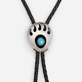 Native American Bear Paw Sterling Turquoise Bolo Tie
