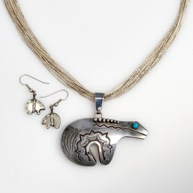 Navajo Bear Pendant On Liquid Sterling Chain + Earrings