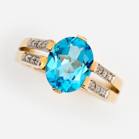 10k Swiss Blue Topaz Diamond Split Ring, 3.8 ct, Sz. 6.75