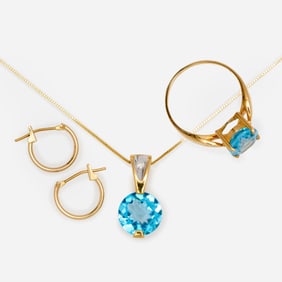 Designer 14k Swiss Blue Topaz Ring + Pendant + 14K Huggies