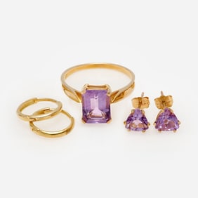 Amethyst Ring + 2 Pairs of Earrings, 14k, 10k