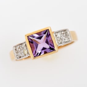 14k Square Amethyst Diamond Ring, Sz. 6.75