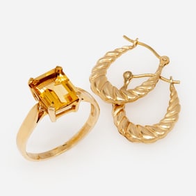 Citrine Ring + Shrimp Hoop Earrings, 10k, 14k, Sz. 6