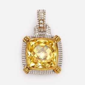 Judith Ripka Canary Yellow Crystal + Diamond Square Pendant, 18k, Ster.