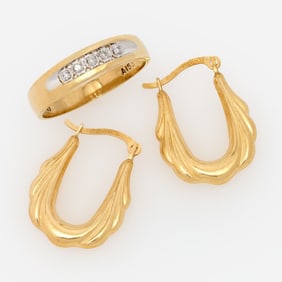 Designer 10k Diamond Ring + Hoop Earrings