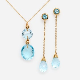 Blue Topaz Necklace + Blue Topaz Briolette Drop Earrings, 14k, 10k