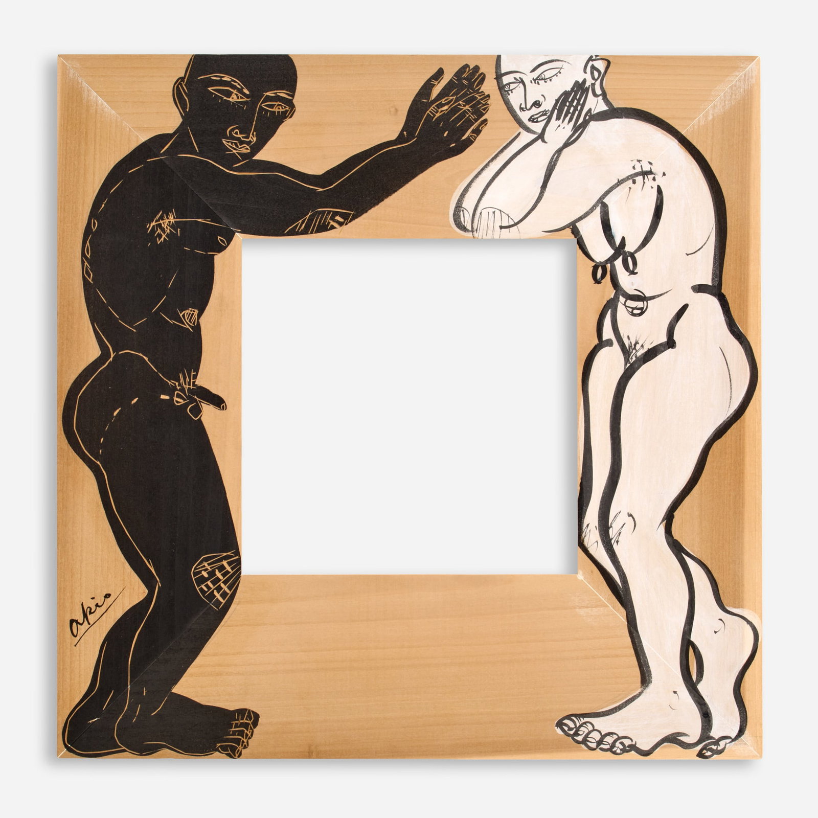 Akio Takamori Gouache and Ink on Wooden Frame: Akio Takamori (Japanese-American, 1950-2017) Gouache and ink on incised wooden frame 19 1/4" x 19 1/4"