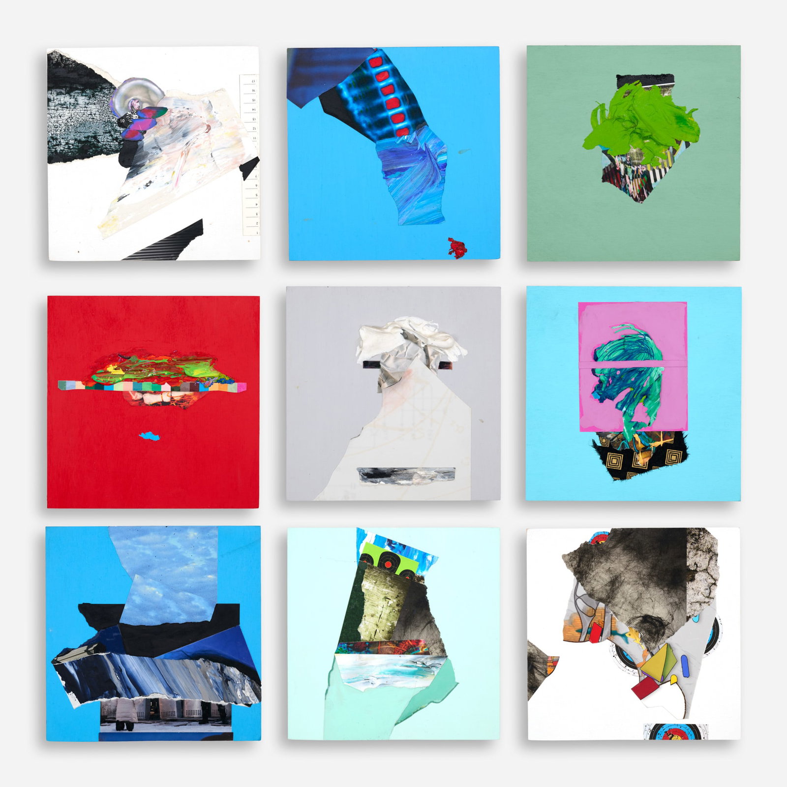 Larry Thomas Series of 9 "Glimpse" Mixed Media Collages (ca. 2010s): John Larry Thomas (Missouri/ Kansas, 1950-2021) Set of nine Glimpses [for 2017 HEAP installation], circa 2010s Acrylic, ink, and collage on board Each 8" x 8" Each panel is s