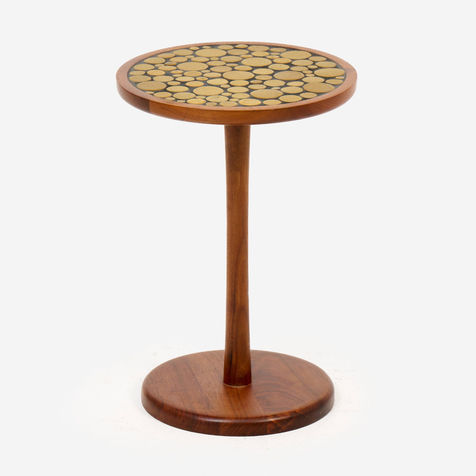 Jane & Gordon Martz for Marshall Studios End Table (Late 1950s): Jane and Gordon Martz End table (model TOR-32R/D), Marshall Studios (Indiana) Late 1950s Walnut, glazed ceramic 18" x 12 1/2" x 12 1/2" This design is pictured on the cover of the Marshall Stu