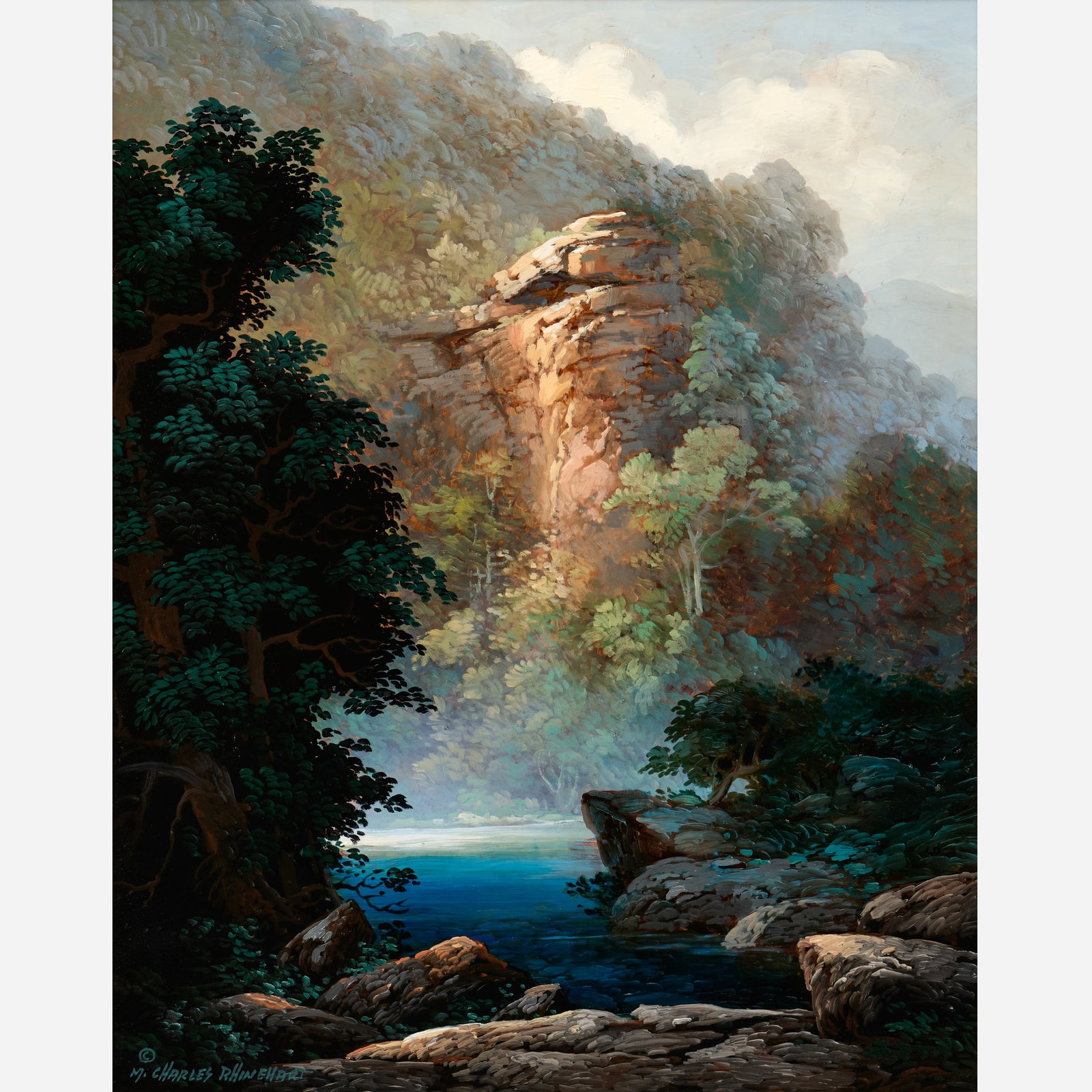 Charles Rhinehart "Buffalo River Bluff" Oil on Board: M. Charles Rhinehart (Missouri, 1930-2020) Buffalo River Bluff Oil on Masonite 20" x 16" Signed to the bottom left corner. The frame measures 28" x 24".