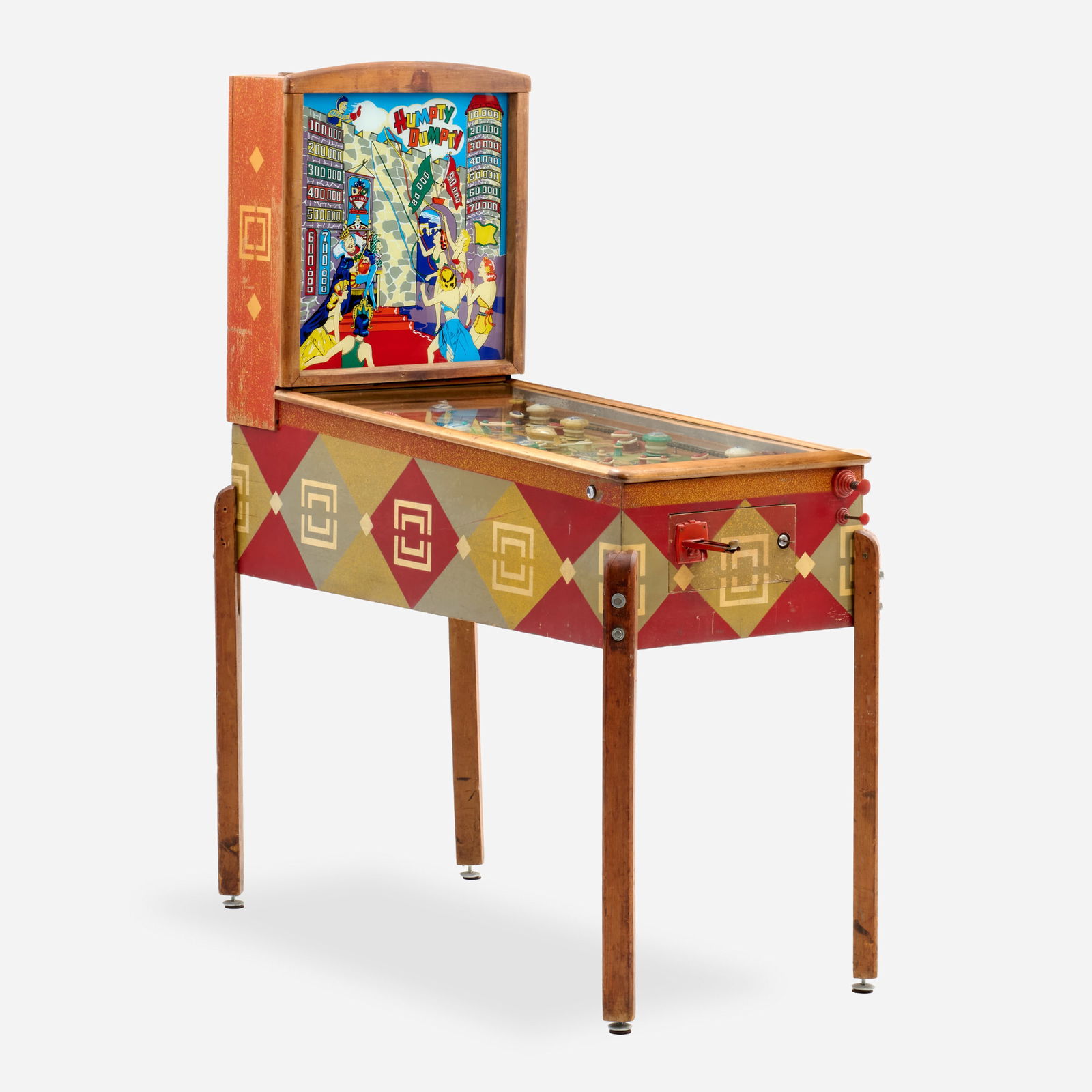 Gottlieb "Humpty Dumpty" Pinball (1947): D. Gottlieb & Co. 1947 “Humpty Dumpty” electro-mechanical pinball machine. Early post-war model featuring flippers, mechanical scoring reels, and original back glass artwork. Does not