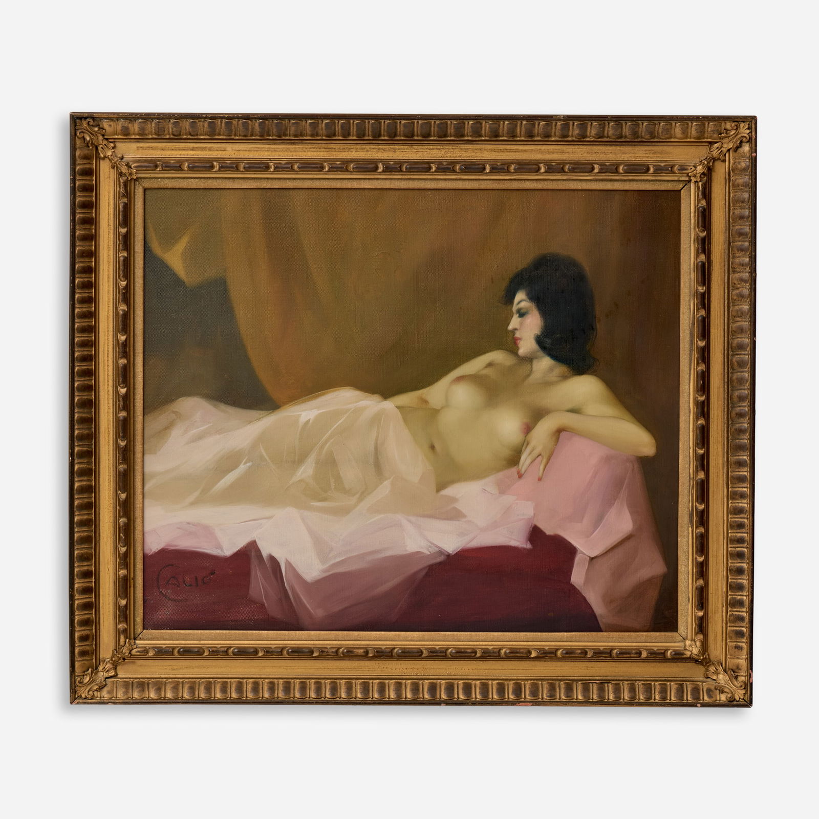 Antonio Calio Nude Oil on Canvas: Antonio C. Calio (Italian, b. 1908) Reclining Nude, circa 1960s Oil on canvas 20" x 24" Signed to the bottom left corner. The frame measures 26" x 30".