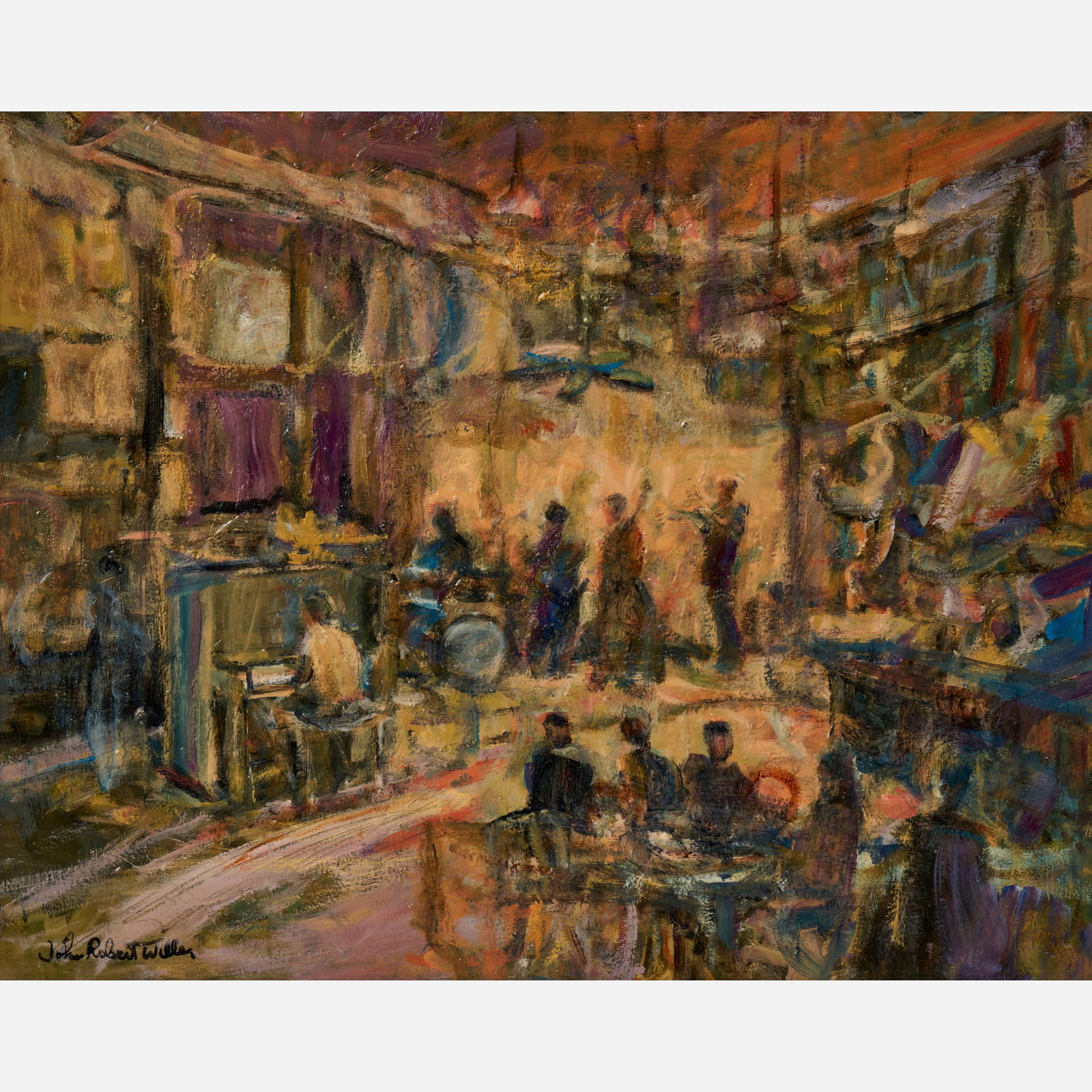 John Robert Willer "Jazz Club" Oil on Canvas: John Robert Willer (New York/ Arkansas, b. 1946) Jazz Club Oil on canvas 24" x 30" Signed to the bottom left corner. The frame measures 32" x 38".