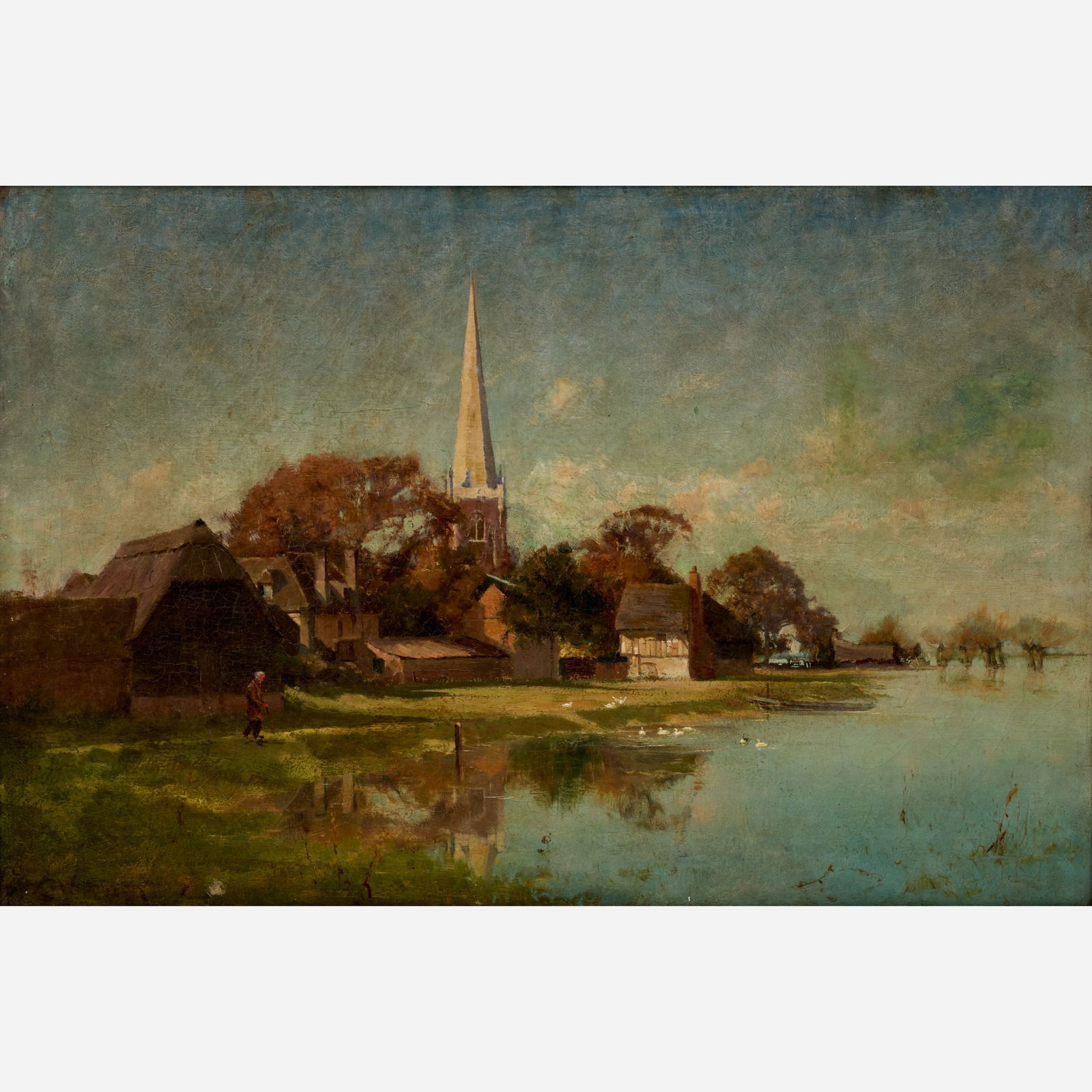 Charles Wilkinson (attr.) "Hemingford, Huntingdonshire" Oil on Canvas (ca. 1890s): A view of St. Margaret's on the River Great Ouse in Hemingford Abbots. Oil on canvas circa 1890s, British school. Titled to the reverse, signed somewhat indistinctly to the bottom left corner