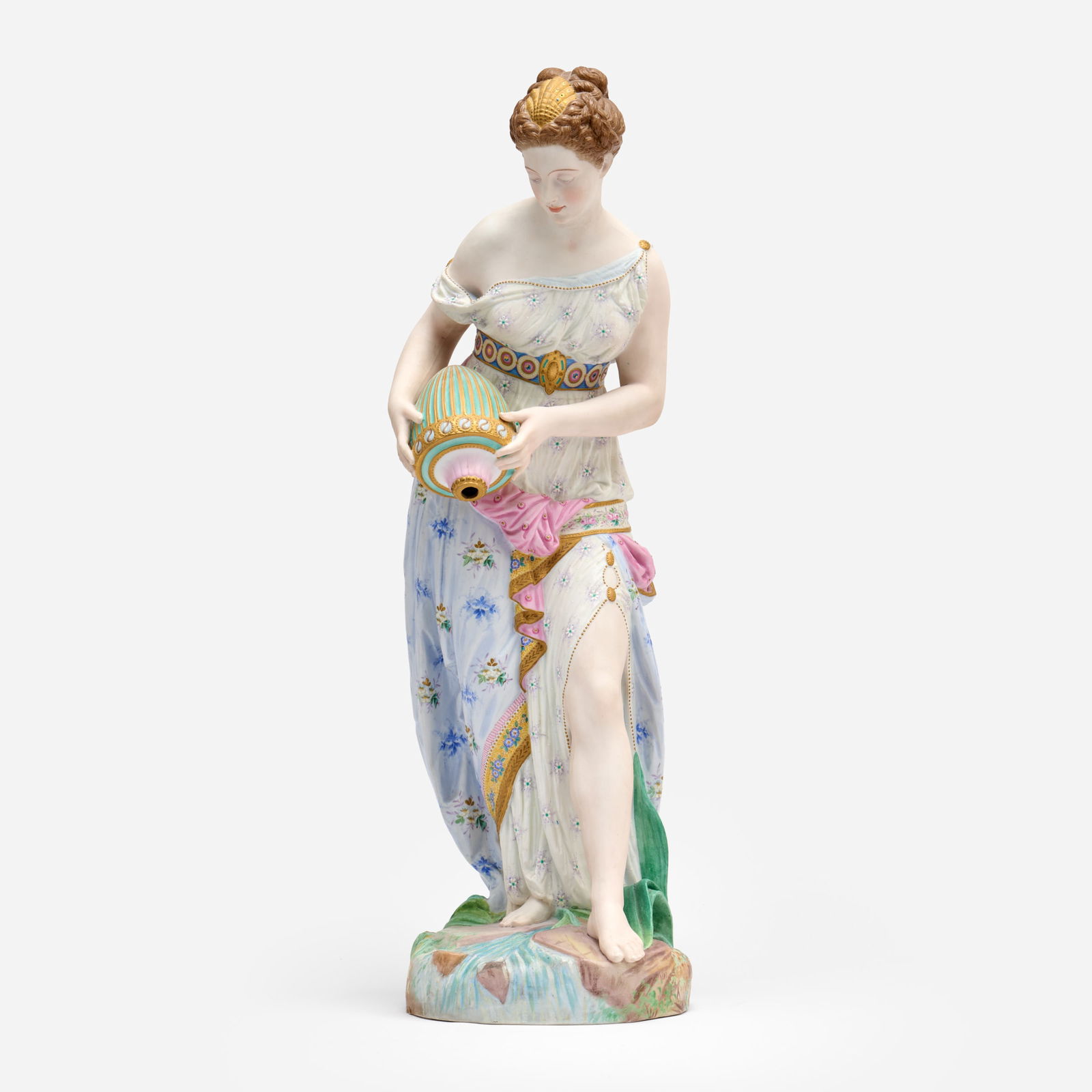 Vion & Baury (Paris) Large Bisque Sculpture of Aphrodite (1878): A Vion and Baury (Paris) large allegorical hand-painted bisque of Aphrodite pouring a water pot, representing a spring from which life flows. The sculpture is said to be inspired by Jean-Auguste-