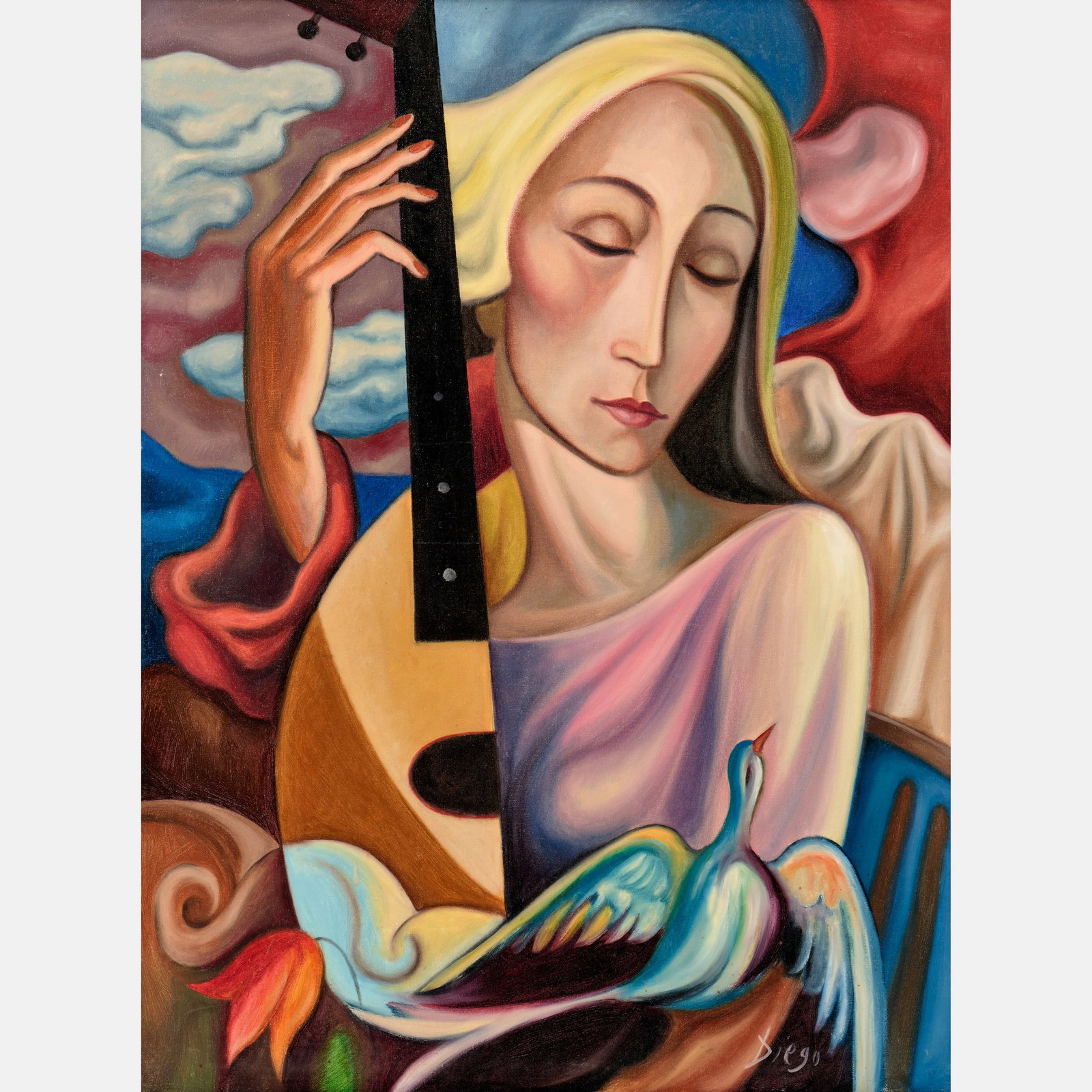 Antonio Diego Voci "Dreaming Woman" Oil on Canvas (1970): Antonio Diego Voci (Italian, 1920-1985) Dreaming Woman, circa 1970 Oil on canvas 32" x 24" Signed "Diego" to the bottom right, titled to the reverse. The fram