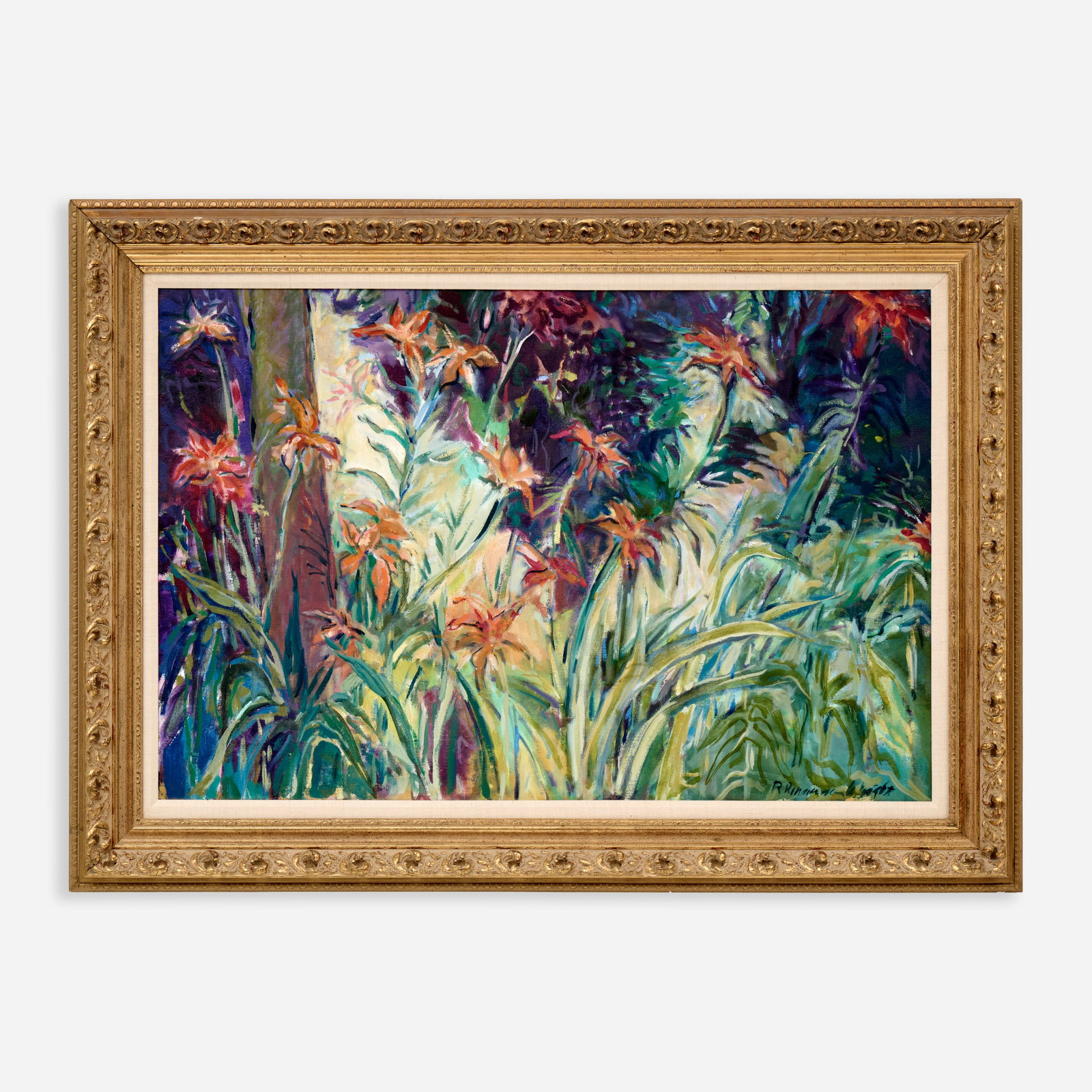 Rebecca Rinearson Wright "Lilies" Oil on Canvas: Rebecca Rinearson Wright (Oregon/ Kansas, 1926-2001) Lilies Oil on canvas 28" x 42" Signed to the bottom right corner. The frame measures 37 1/2" x 51 1/2".</