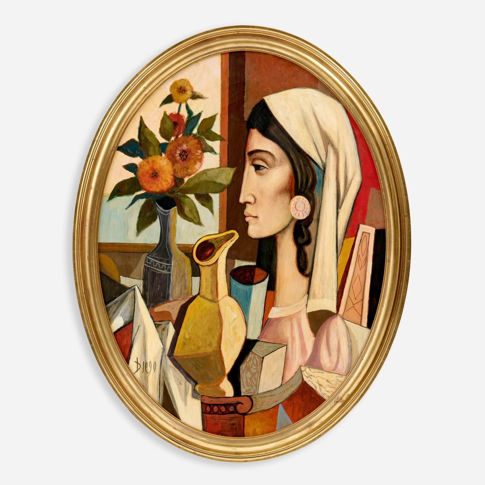 Antonio Diego Voci "Jeune Fille a la Fenetre" Oil on Canvas (1976): Antonio Diego Voci (Italian, 1920-1985) Jeune Fille a la Fenetre, circa 1976 Oil on Masonite 31 1/2" x 23 1/2" Signed "Diego" to the bottom left, titled to th