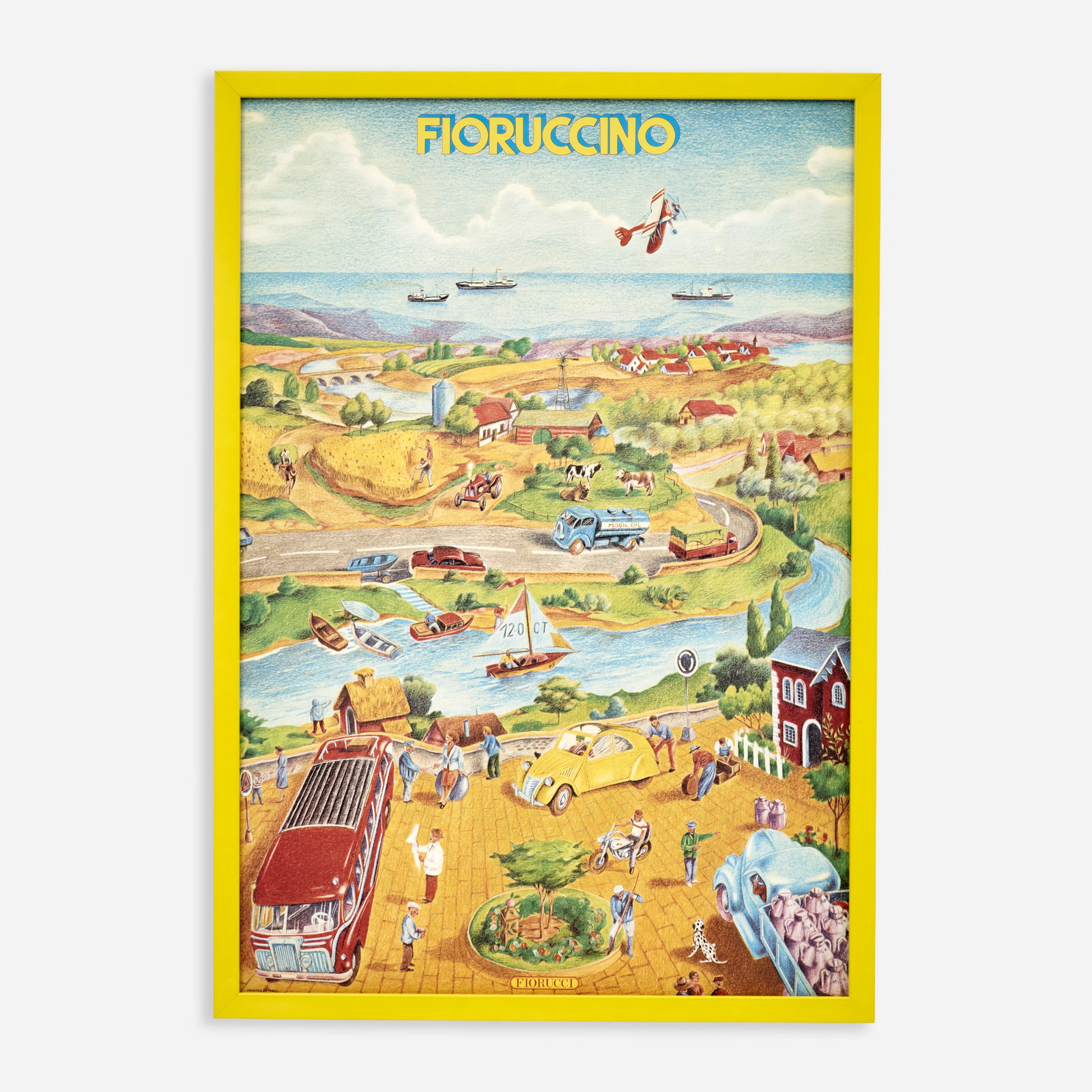 Fiorucci (Milan) Vintage Fashion Poster (1979): A 1979 poster by fashion house Fiorucci (Milan), printed in Italy, illustrating a variety of 20th century Italian transportation in a coastal landscape. The frame measures 28 1/2" x 20".