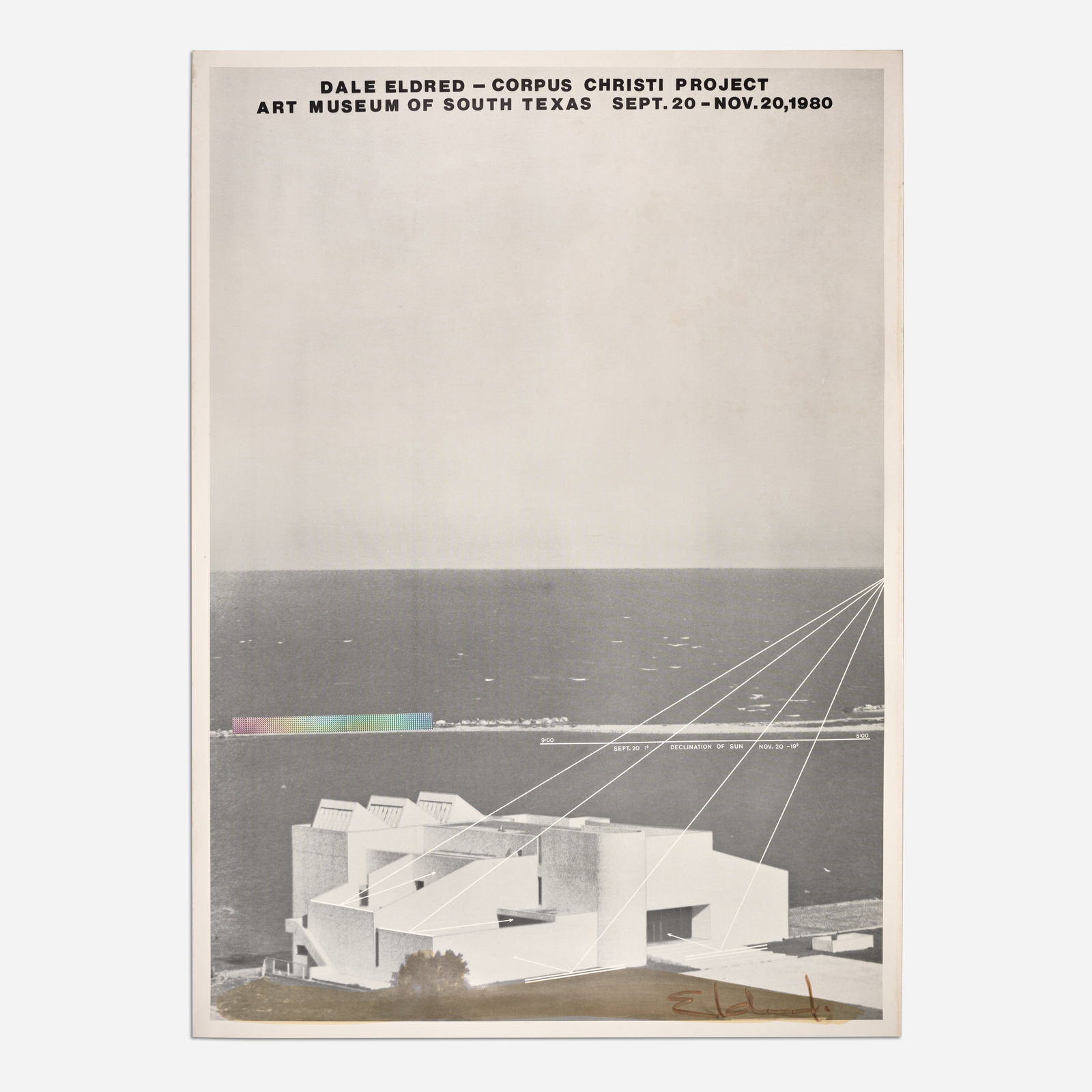 Dale Eldred "Corpus Christi Project" Large Signed Poster (1980): Dale Eldred (Missouri, 1934-1993) Corpus Christi Project poster, 1980 Offset lithograph with reflective tape on paper 59 1/2" x 42 3/4" Marker-signed to the bottom righ