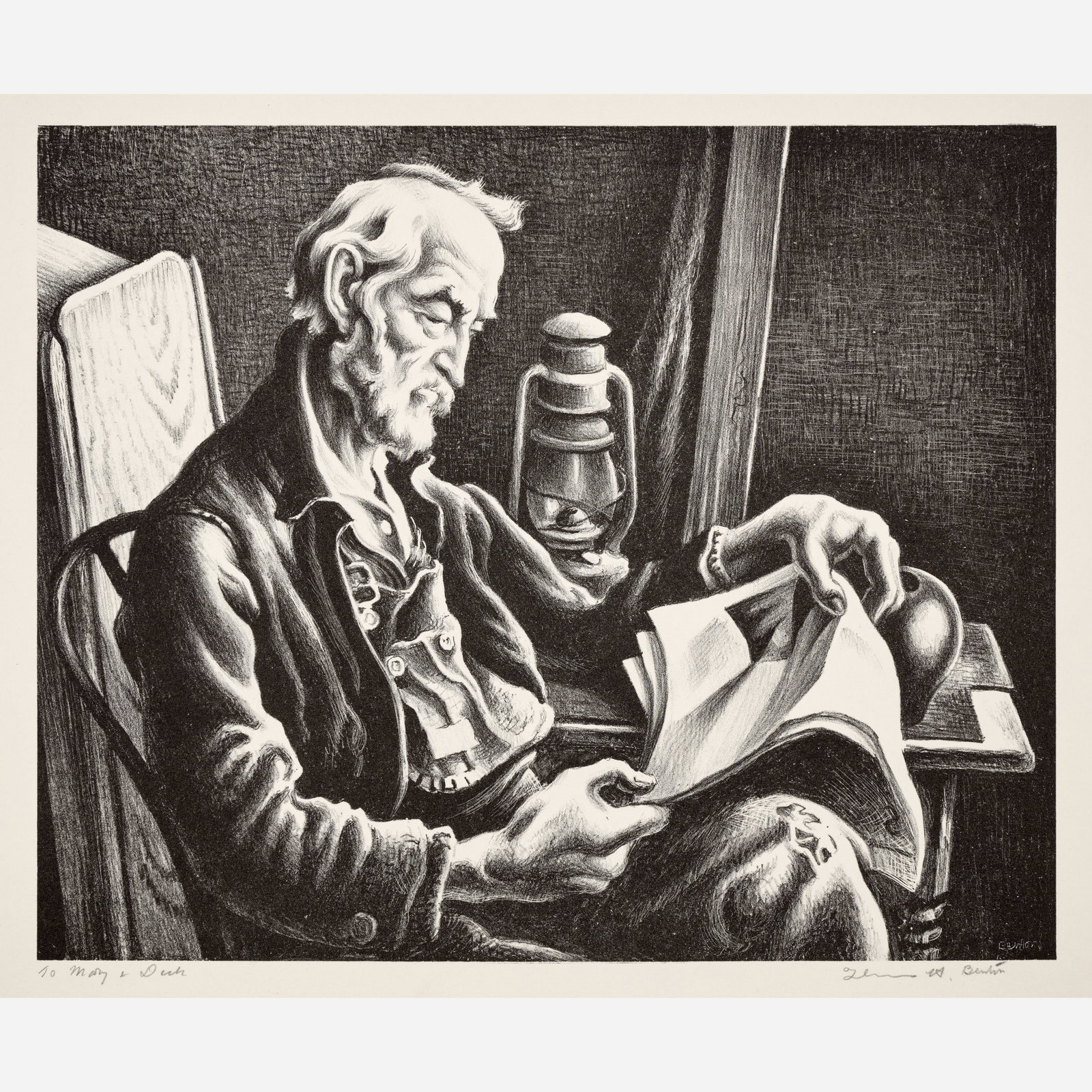 Thomas Hart Benton "Old Man Reading" Lithograph (1941): Thomas Hart Benton (American, 1889-1975) Old Man Reading, 1941 Lithograph on paper 12