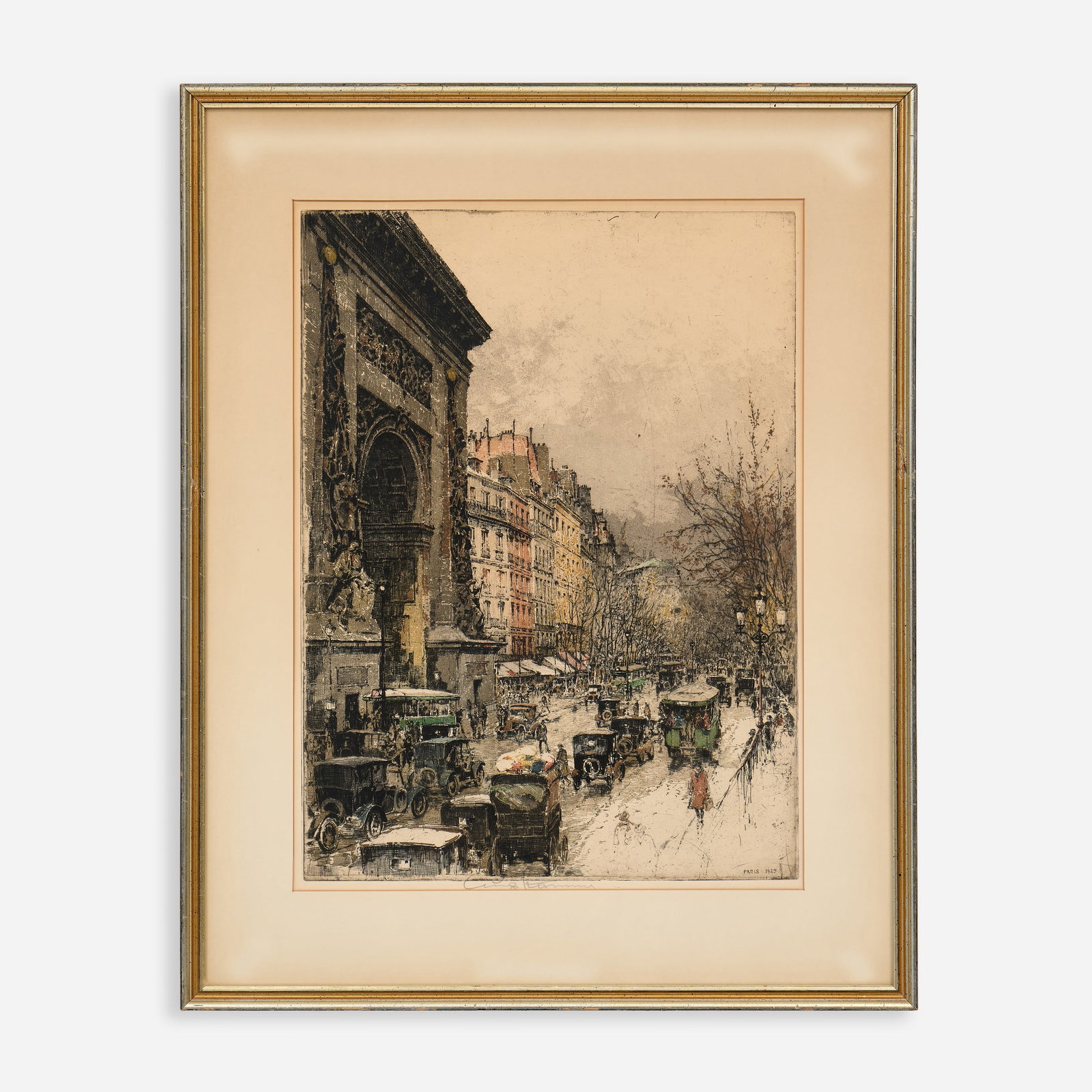Luigi Kasimir "Port St. Denis, Paris" Etching (1925): Luigi Kasimir (Austro-Hungarian, 1881-1962) Port St. Denis, Paris, 1925 Etching on paper 21" x 15 1/2" (image) Pencil-signed to the bottom margin. The frame measur