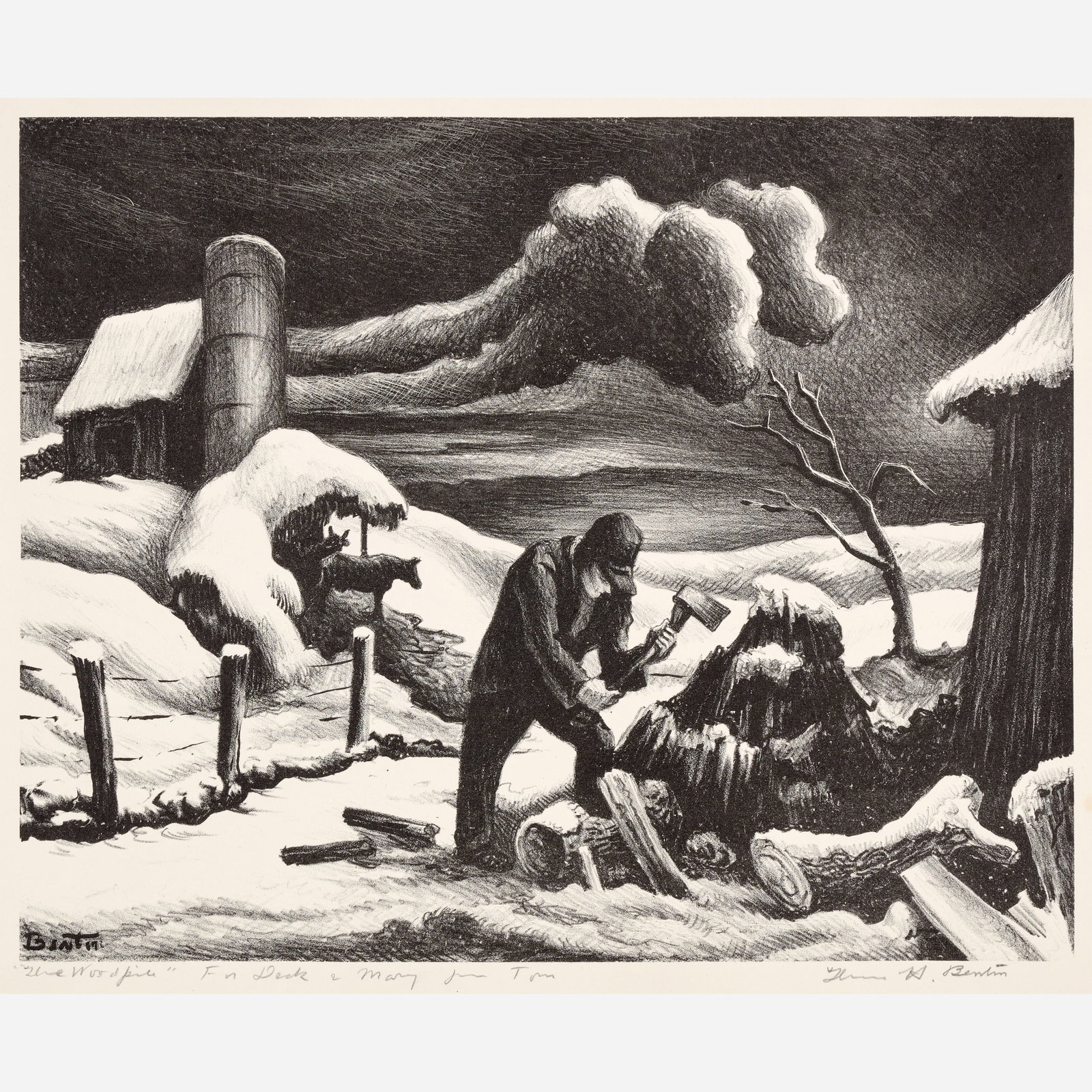 Thomas Hart Benton "The Woodpile" Lithograph (1939): Thomas Hart Benton (American, 1889-1975) The Woodpile, 1939 Lithograph on Rives paper