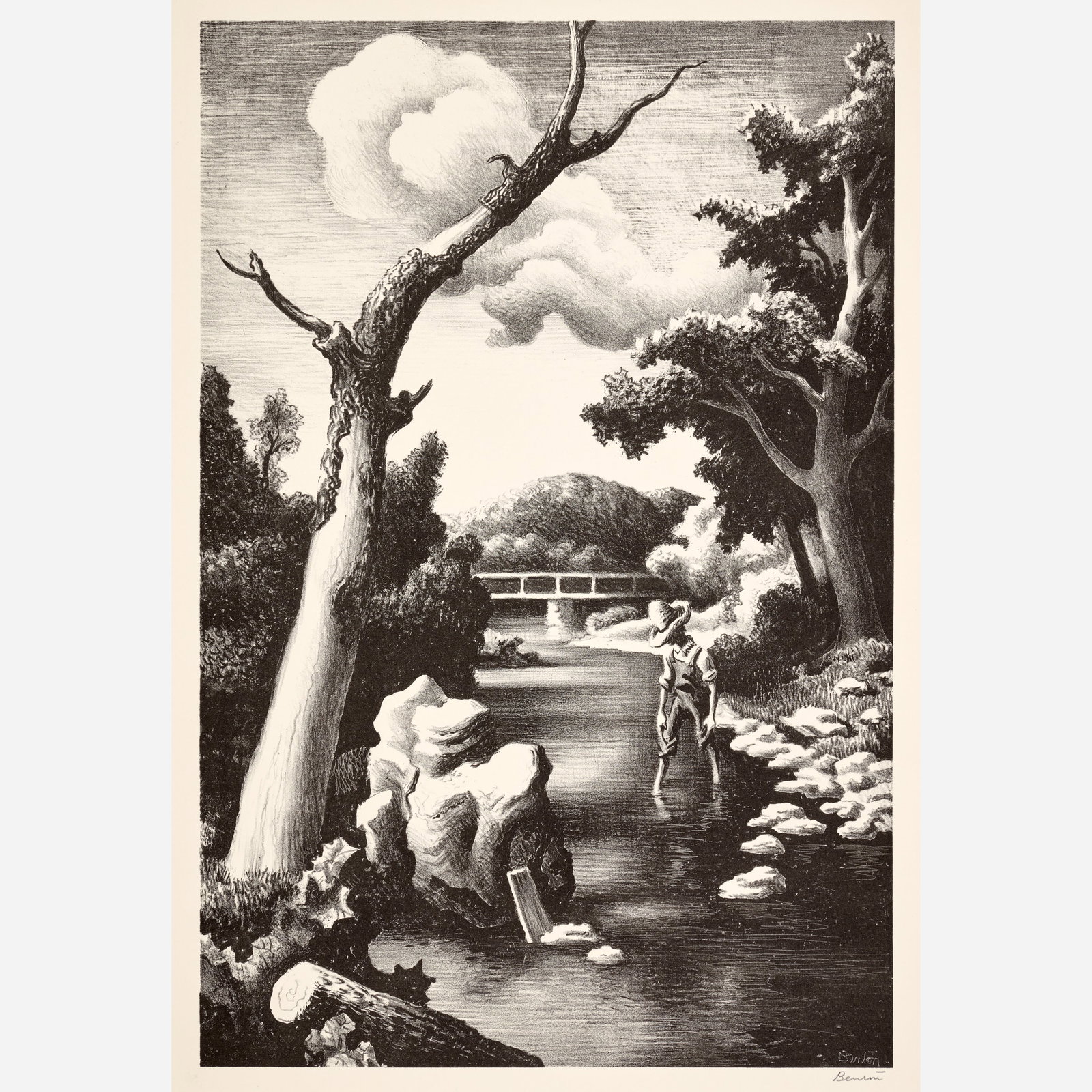 Thomas Hart Benton "Shallow Creek" Lithograph (1939): Thomas Hart Benton (American, 1889-1975) Shallow Creek, 1939 Lithograph on GCM paper 1