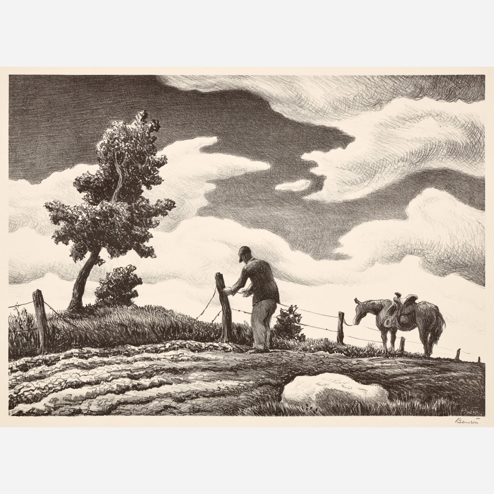 Thomas Hart Benton "The Fence Mender" Lithograph (1940): Thomas Hart Benton (American, 1889-1975) The Fence Mender, 1940 Lithograph on GCM paper 10" x 14" (image) Edition of 250 Pencil-signed to the bottom right ma