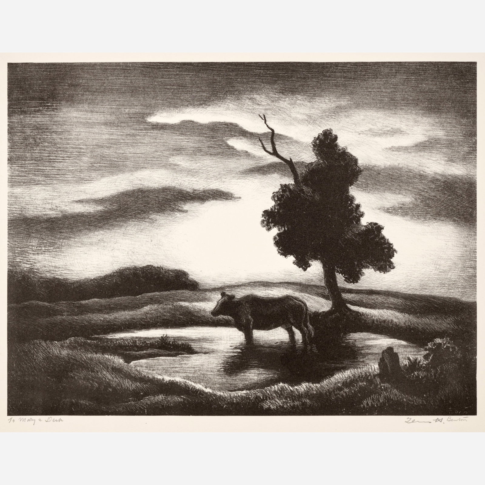Thomas Hart Benton "Sunset" Lithograph (1941): Thomas Hart Benton (American, 1889-1975) Sunset, 1941 Lithograph on paper 10" x 13" (image) Edition of 204 Pencil-signed and inscribed "To Mary & Deck&qu