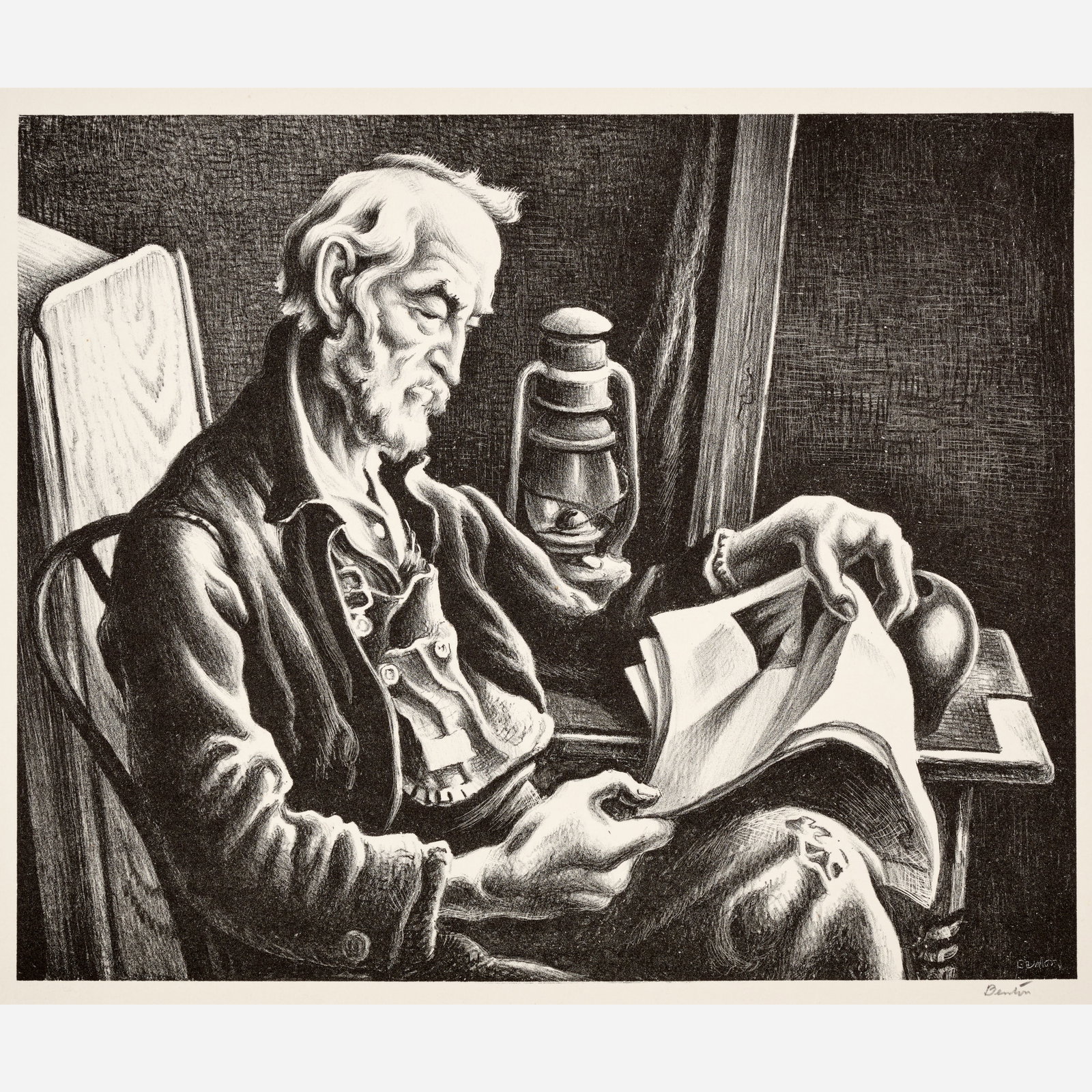 Thomas Hart Benton "Old Man Reading" Lithograph (1941): Thomas Hart Benton (American, 1889-1975) Old Man Reading, 1941 Lithograph on paper 10&