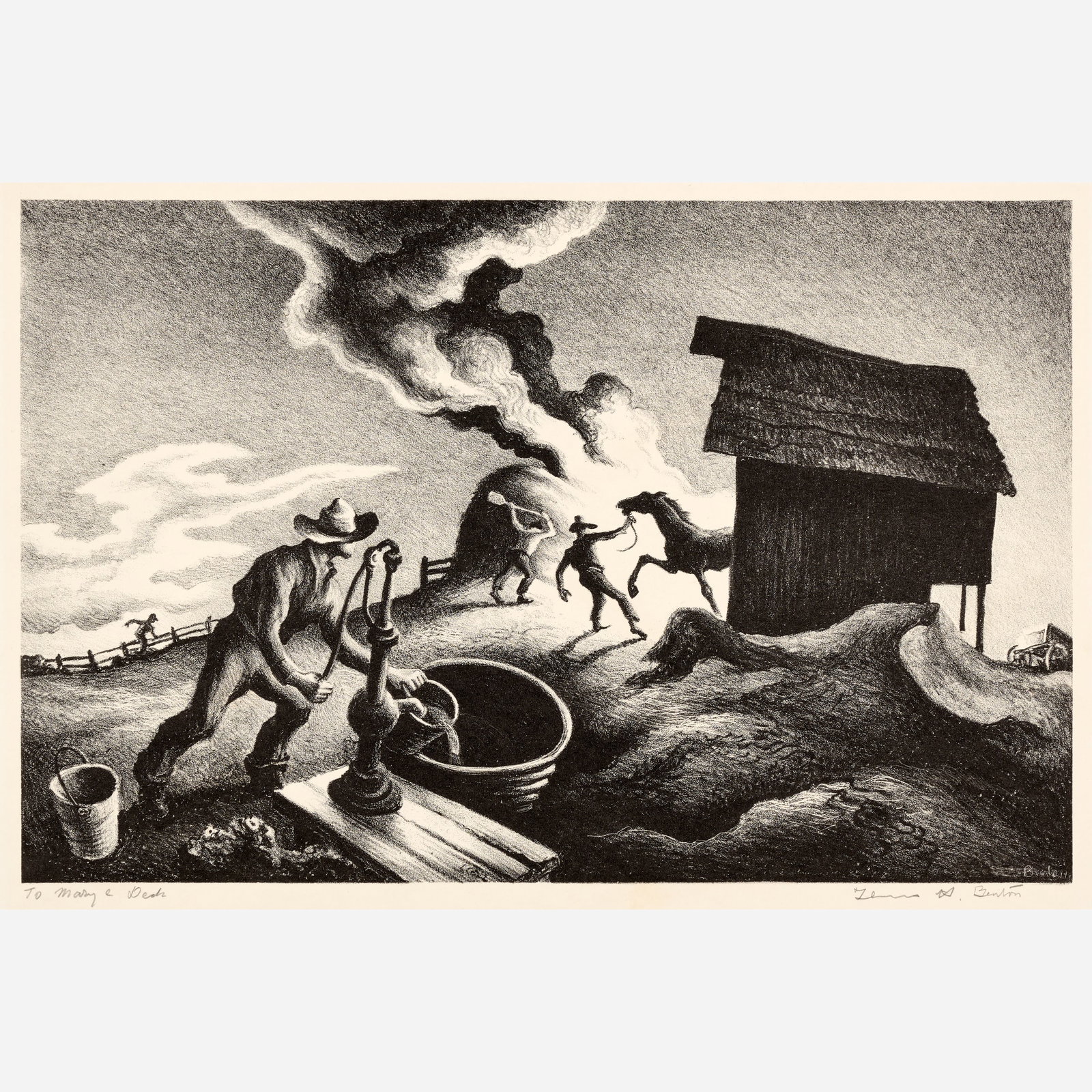 Thomas Hart Benton "Fire in the Barnyard" Lithograph (1944): Thomas Hart Benton (American, 1889-1975) Fire in the Barnyard, 1944 Lithograph on paper