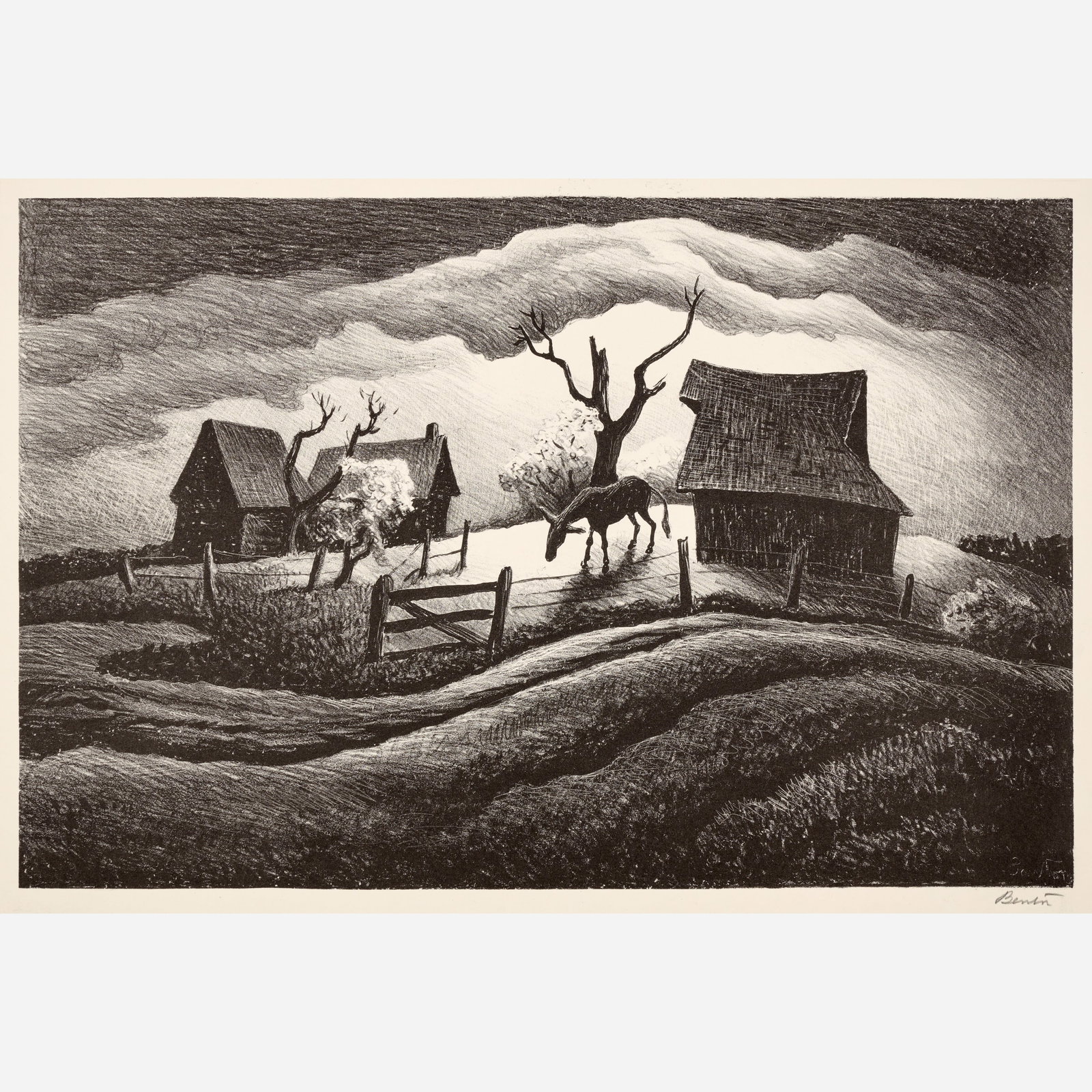 Thomas Hart Benton "Rainy Day" Lithograph (1938): Thomas Hart Benton (American, 1889-1975) Rainy Day, 1938 Lithograph on Rives paper 8 ¾" x 13