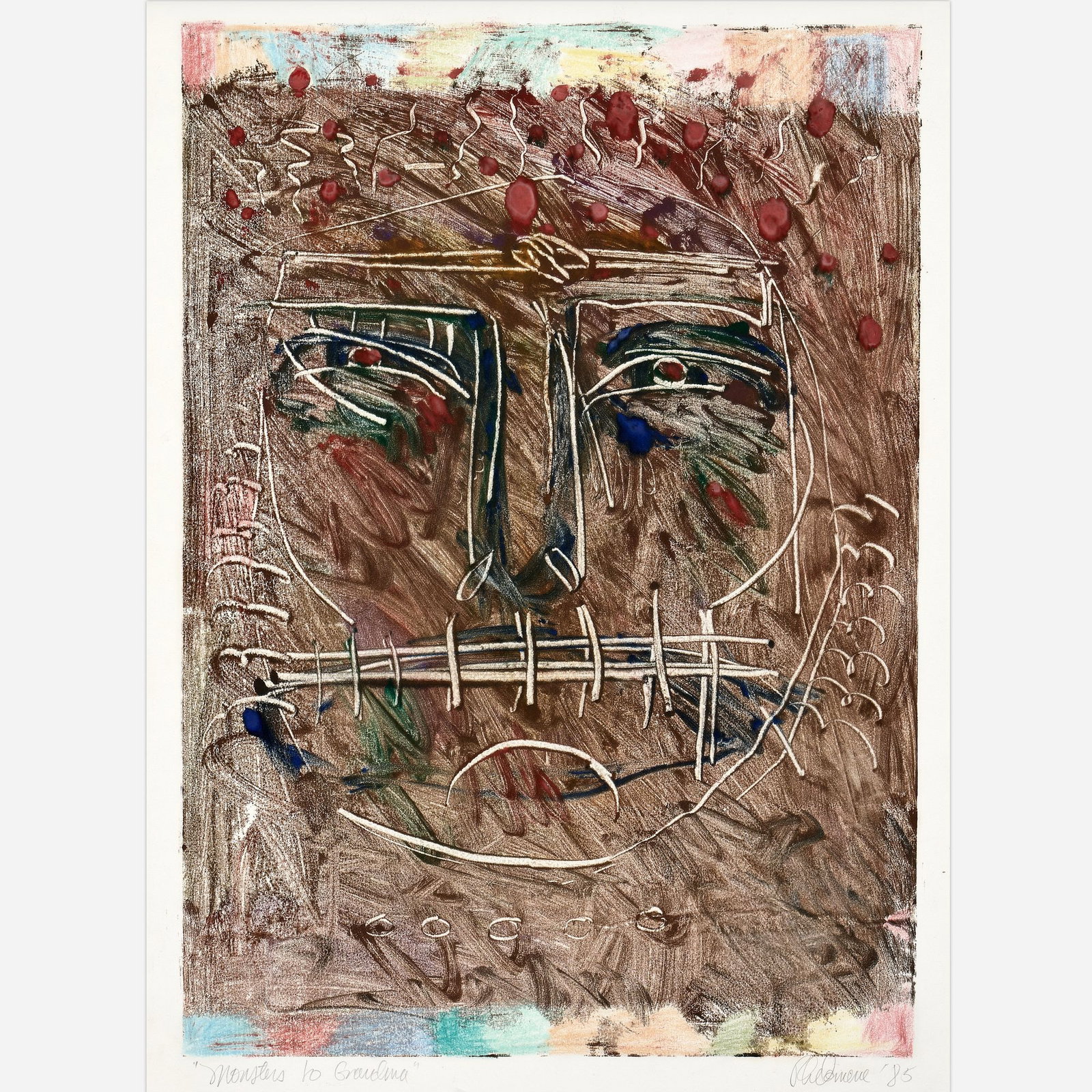 Philomene Bennett "Monsters to Grandma" Monoprint (1985): Philomene Bennett (American, 1935-2024) Monsters to Grandma, 1985 Monoprint on paper 25" x 18" Signed, dated, and titled to the bottom margin. The frame measures 30&quo