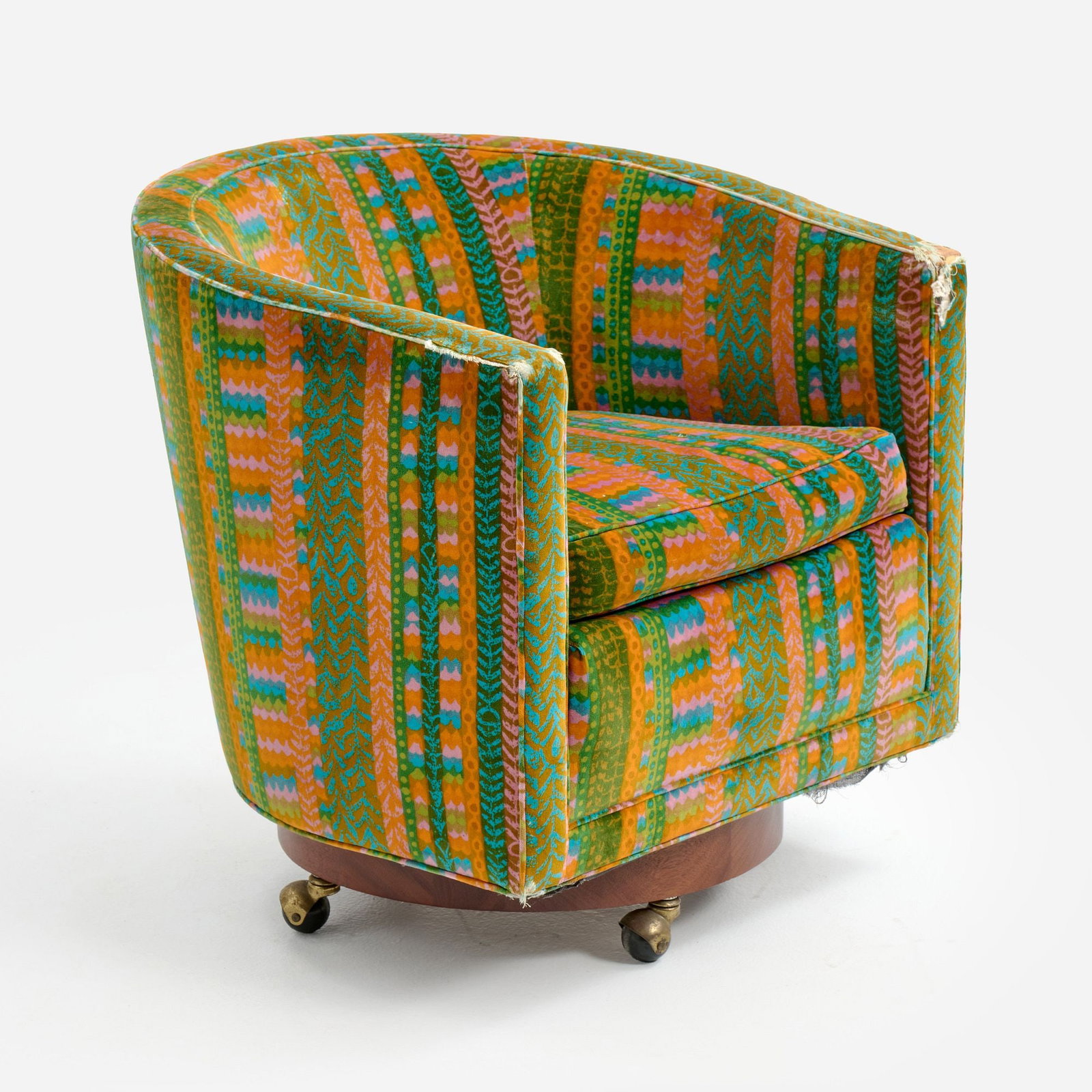 Edward Wormley for Dunbar Swivel Lounge Chair (ca. 1960s), Jack Lenor Larsen: Edward Wormley Swivel chair, Dunbar Furniture Circa 1960s Walnut, velvet 29 1/2" x 30" x 27 1/2" Jack Lenor Larsen screen-printed velvet upholstery.