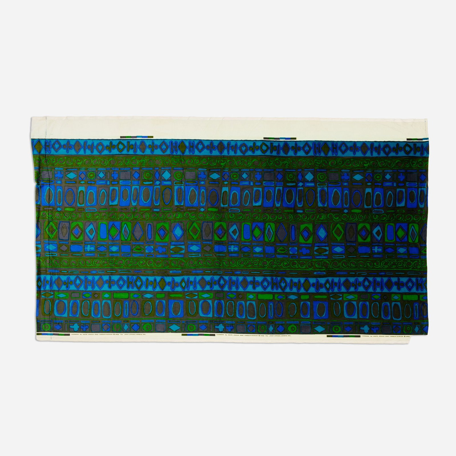 Jack Lenor Larsen "Caravan" Fabric (1962, Designed by Anita Askild): Anita Askild Caravan fabric, Jack Lenor Larsen Inc. 1962 Screen-printed cotton velvet 47 1/4" x 94 3/4" (printed area) Approximately 2.5 yards of upholstery fabric. App