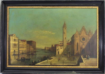 Attr.Francesco Tironi (1745-1800) The Grand Canal: Attr. Francesco Tironi (Italy, 1745 - 1800) The Grand Canal painting. Oil on canvas. Label verso. Sight Size: 20.25 x 31.5 in. Overall Size: 25.5 x 36.25 in.