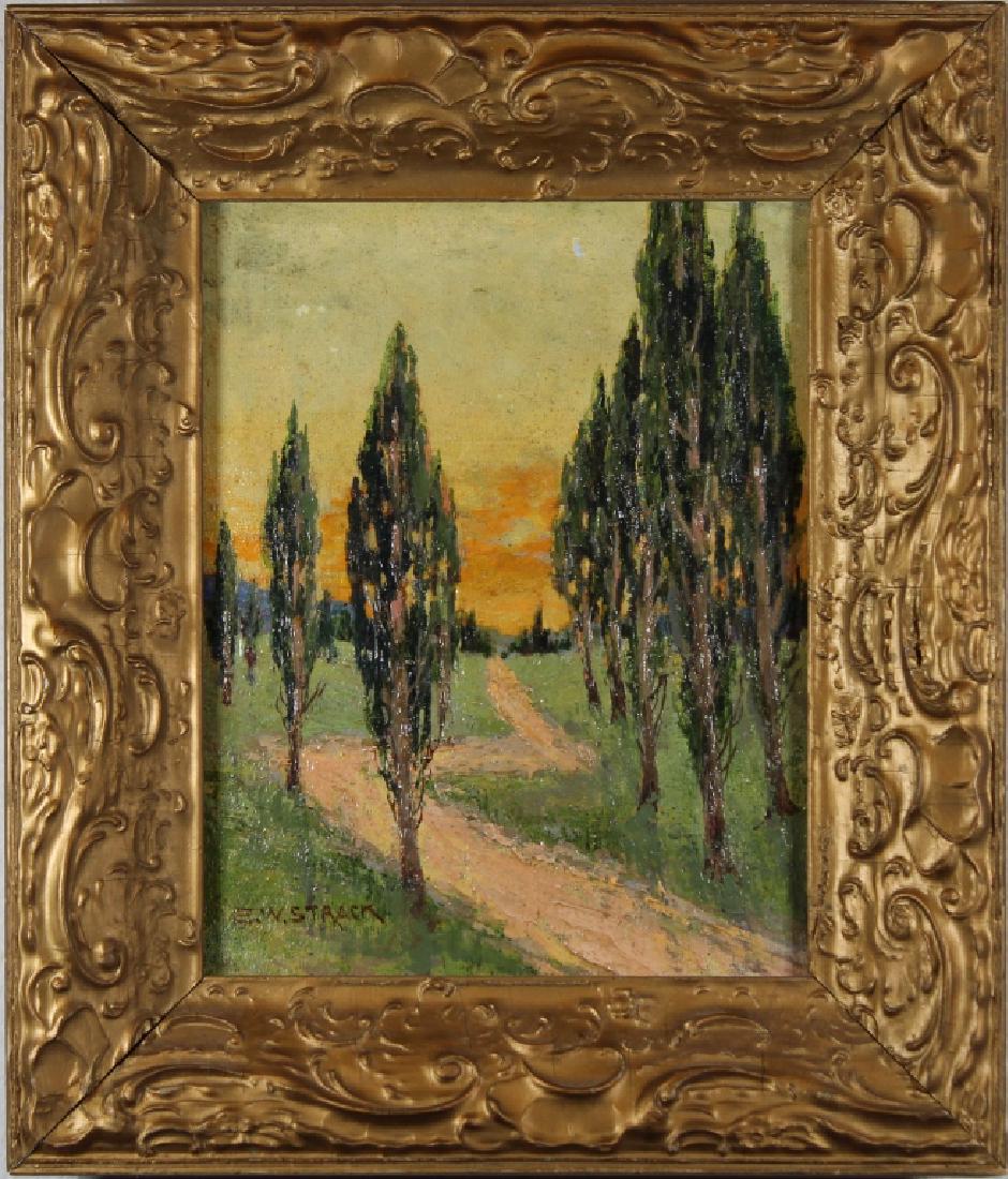 E.W. Strack, Signed Painting of Wooded Pathway: E.W. Strack, Signed Painting of Wooded Pathway at sunset. Signed lower left. Oil on board. Sight size: 9.5 x 7.5 inches.