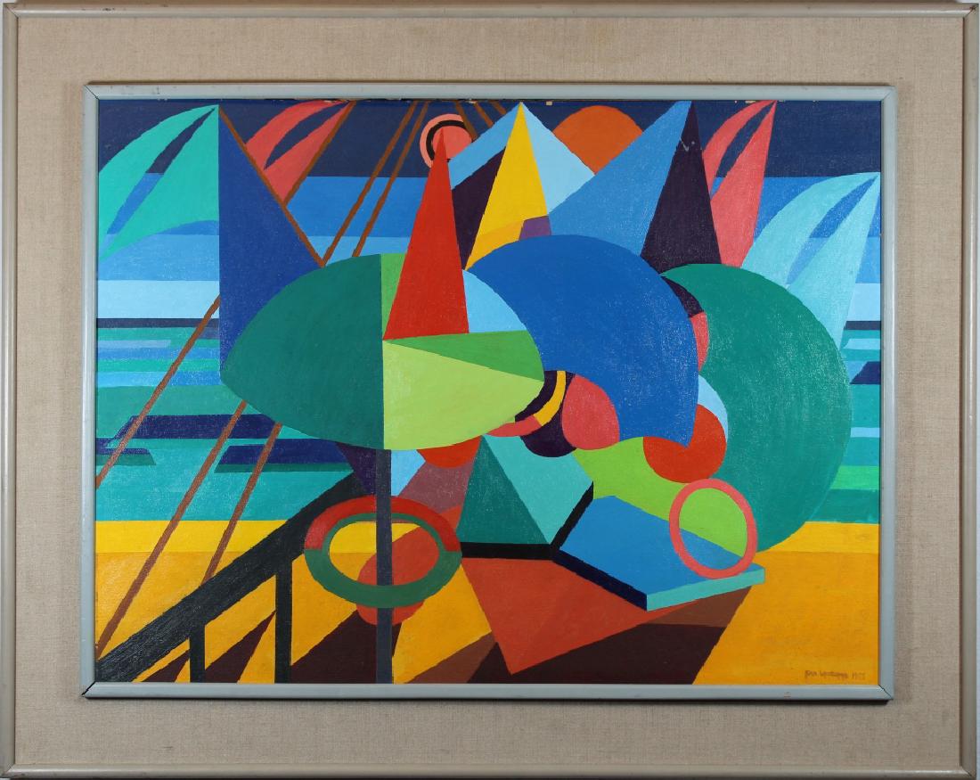 Ena Whitcomb, "Mediterranean Beach" 1973: Ena Whitcomb, "Mediterranean Beach" 1973 abstract painting. With original label verso. Oil on board. Signed and dated lower right. Sight Size: 19 x 25.5 in. Overall Size: in.